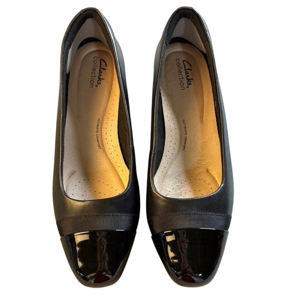 Clarks Juliet Monte Black Leather Patent Cap Toe Block Heel Pumps Womens 9W